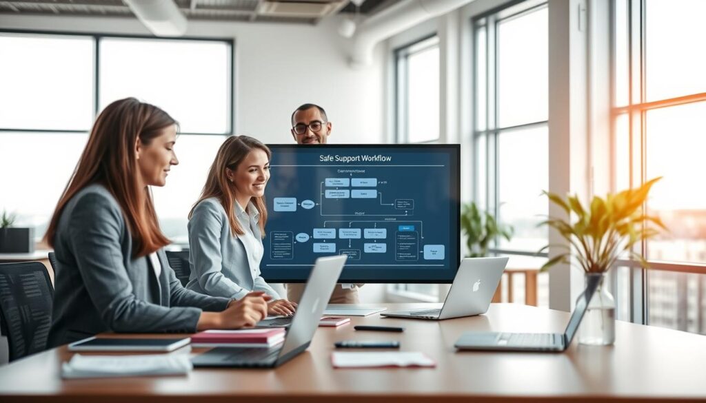 A clean and organized workspace set in a modern office environment, capturing a professional support workflow. In the foreground, a diverse team of three individuals in professional business attire collaborate over a large digital display showcasing a flowchart titled "Safe Support Workflow." The middle ground features laptops, notebooks, and technical gadgets, emphasizing a high-tech atmosphere. The background displays large windows letting in natural light, symbolizing transparency and clarity. Soft, ambient lighting enhances the collaborative mood, while a slight depth of field focuses on the interaction of the team. Overall, the image conveys a sense of professionalism, teamwork, and effective problem-solving in a structured workflow.