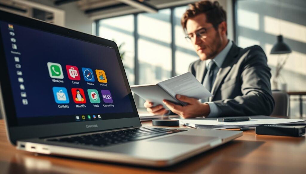 A close-up of a modern workspace showcasing compatibility between Windows and other operating systems. In the foreground, a sleek laptop is open to a screen displaying colorful icons representing various OS platforms like Windows, Linux, and macOS. In the middle, a person in professional business attire is thoughtfully analyzing compatibility metrics on a digital tablet, surrounded by documents and external drives. The background features a contemporary office with soft natural light filtering through the window, casting gentle shadows. The atmosphere is focused and collaborative, suggesting a forward-thinking approach to technology. The composition should be captured from a slightly elevated angle, emphasizing the interaction between the user and the technology, with a warm color palette.