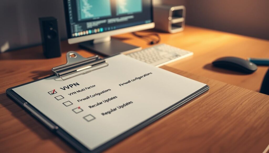 A close-up of a secure remote checklist displayed on a sleek metal clipboard, emphasizing items like 'VPN', 'Multi-Factor Authentication', 'Firewall Configurations', and 'Regular Updates'. The tabletop is made of polished wood, conveying professionalism. In the background, a softly blurred workspace with a modern computer setup, displaying virtual machines on the screen. Warm, diffused lighting casts gentle shadows, creating a calm and focused atmosphere. The scene is shot from a slightly elevated angle, providing a comprehensive view of the checklist while ensuring a professional tone. The mood is serious yet organized, reflecting the importance of security in remote work.