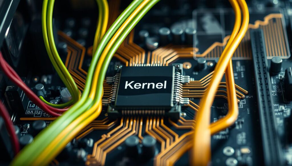 A close-up view of a computer motherboard with a prominent, intricately designed microprocessor labeled "Kernel" in the center. In the foreground, vibrant wires and circuits intertwine, showcasing a blend of green and gold colors that represent stability and efficiency. The middle layer features a focused light source casting soft shadows over the components, emphasizing their textures and details. In the background, a faint outline of a digital display shows a graph illustrating stability, slightly blurred to keep the focus on the motherboard. The atmosphere is tech-savvy and professional, with a clean, modern aesthetic that reflects the importance of selecting the right kernel track in Linux systems. The lighting is bright and even, highlighting the precision of the hardware.