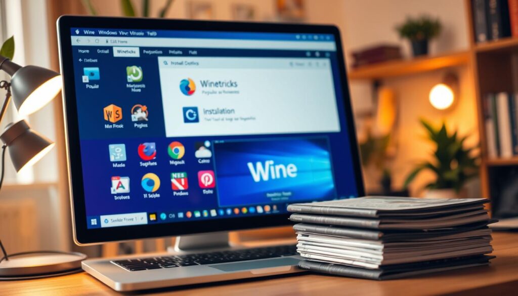 A close-up view of a computer screen displaying a user interface of Wine and Winetricks, set in a well-lit home office environment. In the foreground, software icons for popular Windows applications appear prominently, with progress bars and installation prompts visible. The middle ground features a laptop, showing the Wine logo subtly on the screen, while a small stack of manuals about using Wine sits nearby. The background is softly blurred, revealing a cozy workspace with plants and bookshelves, creating an inviting atmosphere. The lighting is warm, emanating from a desk lamp, emphasizing the focus on technology and innovation. The overall mood is professional and focused, highlighting the process of installing Windows applications in an efficient, modern setting.
