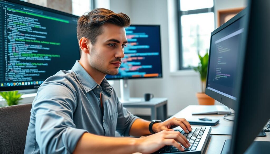 A close-up view of a professional Linux support technician in a modern office setting, intently focused on a dual-screen setup showcasing a Linux terminal and remote access tools. The foreground features the technician, dressed in smart casual attire, typing on a keyboard, with thoughtful concentration on their face. In the middle ground, visible monitors display vibrant lines of code and remote desktop interfaces, emphasizing the technical nature of the task. The background includes soft-focus office elements like a plant and a bulletin board with tech-related notes, under natural light coming from a nearby window. The overall atmosphere is one of focus and determination, reflecting the unique aspects of remote support on Linux, promoting a sense of accessibility and efficiency. A close-up view of a professional Linux support technician in a modern office setting, intently focused on a dual-screen setup showcasing a Linux terminal and remote access tools. The foreground features the technician, dressed in smart casual attire, typing on a keyboard, with thoughtful concentration on their face. In the middle ground, visible monitors display vibrant lines of code and remote desktop interfaces, emphasizing the technical nature of the task. The background includes soft-focus office elements like a plant and a bulletin board with tech-related notes, under natural light coming from a nearby window. The overall atmosphere is one of focus and determination, reflecting the unique aspects of remote support on Linux, promoting a sense of accessibility and efficiency.
