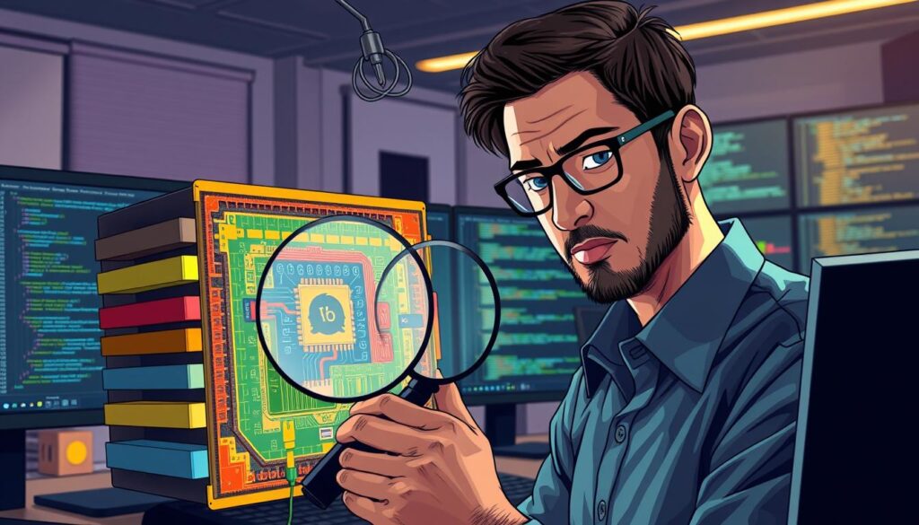 A detailed and vibrant illustration of a computer engineer examining a highly detailed cross-section of a Linux kernel. In the foreground, the engineer, dressed in professional attire, is focused and engaged, using a magnifying glass to inspect the intricate layers of the kernel, showcasing various essential components like memory management, process scheduling, and file systems. The middle ground features a stylized representation of the Linux kernel architecture with colorful graphics, highlighting its modularity and complexities. The background has a modern tech workspace with multiple monitors displaying code and system metrics, bathed in soft, ambient lighting to create a thoughtful and analytical atmosphere. The entire scene is captured from a slightly elevated angle to emphasize both the engineer’s expression and the complexity of the kernel.