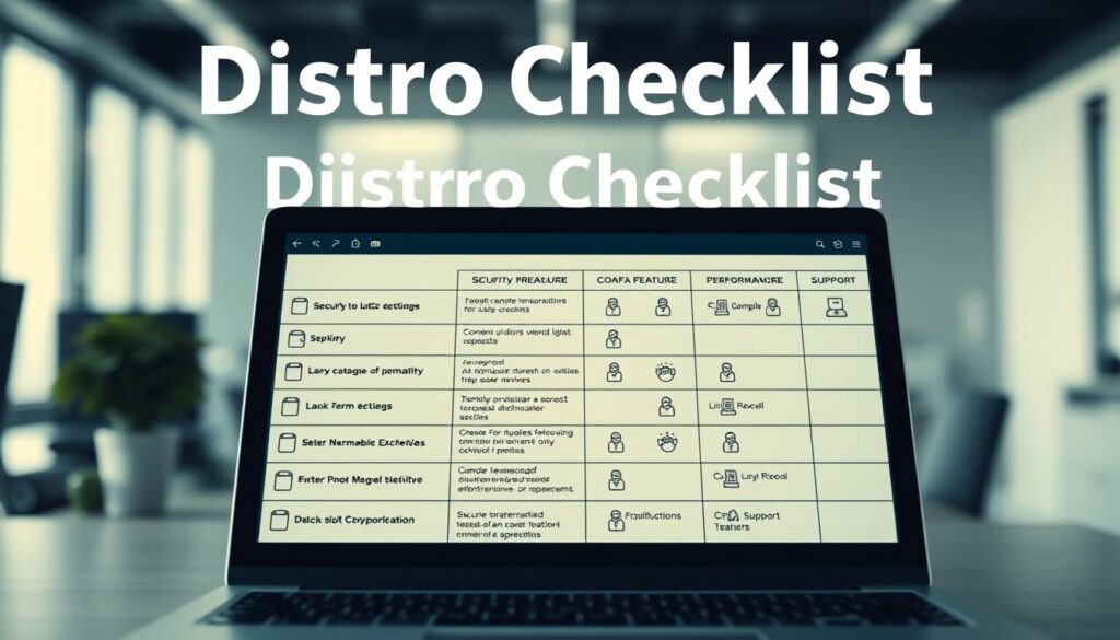 A detailed and visually engaging "distro checklist" layout featuring a clean, organized table with various criteria for evaluating Linux distributions and server stacks. In the foreground, the table is filled with icons representing key features like security, compatibility, performance, and support. The middle ground showcases a sleek laptop with a Linux interface open beside the checklist, symbolizing a modern technological environment. The background includes a blurred office setting with soft, natural lighting, emphasizing a professional atmosphere. The image conveys a sense of focus and determination, appealing to tech-savvy readers who prioritize informed decision-making about their server infrastructure.