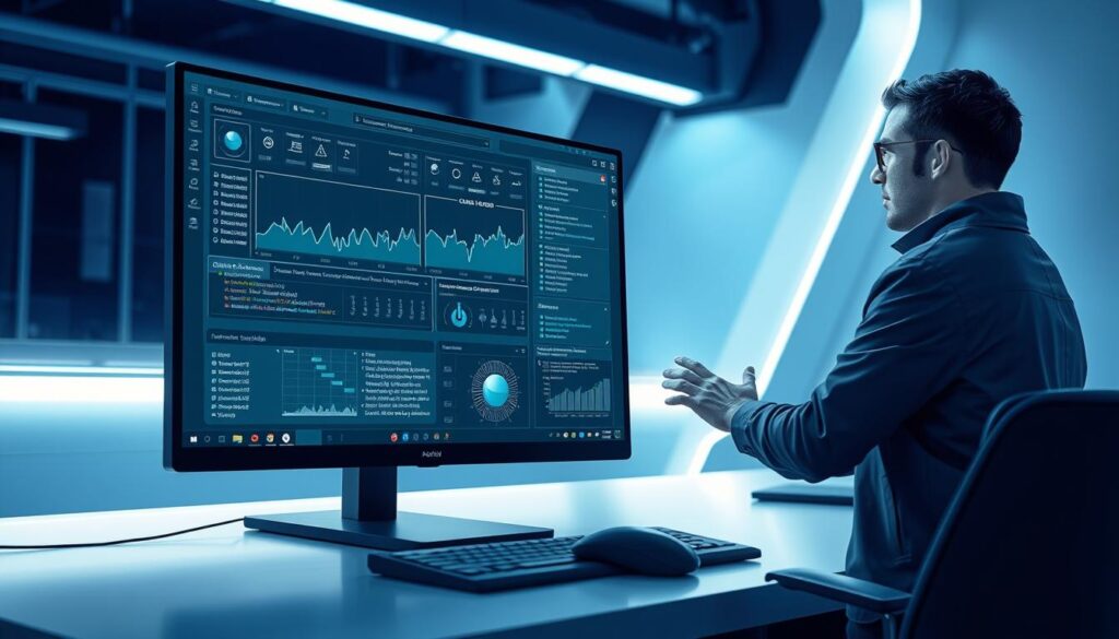 A detailed illustration of an advanced operating system interface on a sleek, modern desktop. In the foreground, a high-resolution screen displays intricate graphs, coding scripts, and customization options, radiating control and complexity. The background features a minimalist, futuristic workspace with a subtle glow from LED lights, emphasizing a high-tech atmosphere. Soft, cool lighting enhances the digital elements, creating a sense of depth. A professional, focused individual in casual yet smart attire interacts with the system, showcasing their expertise and commitment to control over convenience. A smooth bokeh effect blurs the outer edges, drawing attention to the central theme of empowerment through technology. A detailed illustration of an advanced operating system interface on a sleek, modern desktop. In the foreground, a high-resolution screen displays intricate graphs, coding scripts, and customization options, radiating control and complexity. The background features a minimalist, futuristic workspace with a subtle glow from LED lights, emphasizing a high-tech atmosphere. Soft, cool lighting enhances the digital elements, creating a sense of depth. A professional, focused individual in casual yet smart attire interacts with the system, showcasing their expertise and commitment to control over convenience. A smooth bokeh effect blurs the outer edges, drawing attention to the central theme of empowerment through technology.