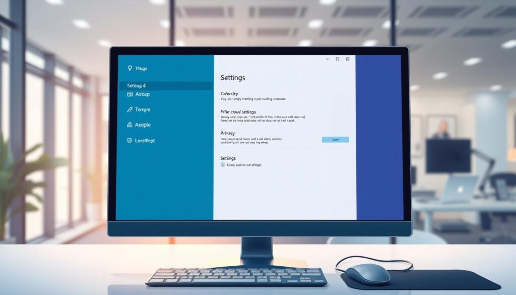 A detailed illustration of the Windows Settings interface, showcasing a configuration screen aimed at minimizing cloud sharing. In the foreground, a sleek computer monitor displays the Windows Settings window, with options for "Privacy" and "Sync settings" prominently highlighted. The middle layer features a clean and modern workspace with a stylish keyboard and mouse, reflecting a professional environment. The background includes soft ambient lighting to create a focused atmosphere, with hints of a contemporary office setting visible through a glass window. The overall mood is calm and productive, conveying the importance of privacy and personal control over data in a digital workspace.