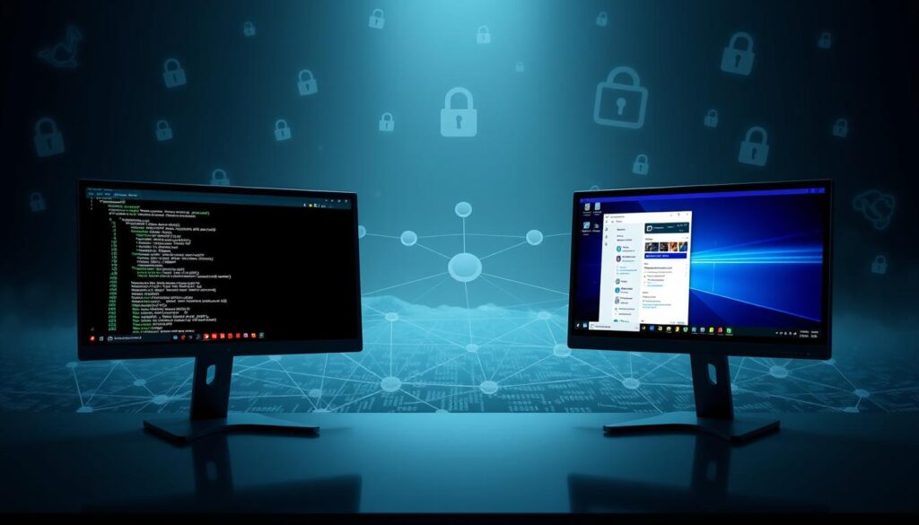 A detailed visual representation of a "threat model" in the context of remote support. In the foreground, display a sleek, modern dual-monitor setup showcasing a Linux terminal on one screen and a Windows desktop on the other. Each screen should exhibit distinct user interfaces and security features, emphasizing the differences in remote access tools. In the middle, include a network diagram with lines connecting various devices like laptops, servers, and firewalls, symbolizing the vulnerability surface. The background should feature a gradient of dark blues and grays illustrating a digital landscape filled with faint binary code and abstract representations of cyber threats—like padlocks or warning signs—floating in a cybernetic cloud. Use soft, diffused lighting to create a professional, contemplative atmosphere, capturing the tension between security and accessibility in modern remote support. A detailed visual representation of a "threat model" in the context of remote support. In the foreground, display a sleek, modern dual-monitor setup showcasing a Linux terminal on one screen and a Windows desktop on the other. Each screen should exhibit distinct user interfaces and security features, emphasizing the differences in remote access tools. In the middle, include a network diagram with lines connecting various devices like laptops, servers, and firewalls, symbolizing the vulnerability surface. The background should feature a gradient of dark blues and grays illustrating a digital landscape filled with faint binary code and abstract representations of cyber threats—like padlocks or warning signs—floating in a cybernetic cloud. Use soft, diffused lighting to create a professional, contemplative atmosphere, capturing the tension between security and accessibility in modern remote support.