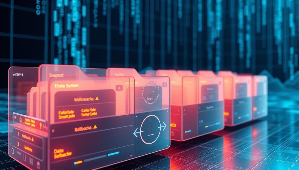 A detailed visualization of a modern file system, featuring a transparent, layered structure of digital folders and files showcased prominently in the foreground. These folders are labeled with various types of data and filesystem attributes, glowing softly with neon colors. In the middle ground, include a dynamic representation of snapshots, illustrated as circular icons that depict the concept of versioning, alongside rollback arrows. The background features a stylized digital landscape reminiscent of a computer interface, with subtle grid lines and binary code cascading down, suggesting a complex, harmonious data environment. The lighting should be cool and futuristic, casting soft shadows that enhance depth, while the overall mood is one of technological sophistication and innovation. The composition is captured from a slightly elevated angle, offering a comprehensive view of the file system's intricate architecture.