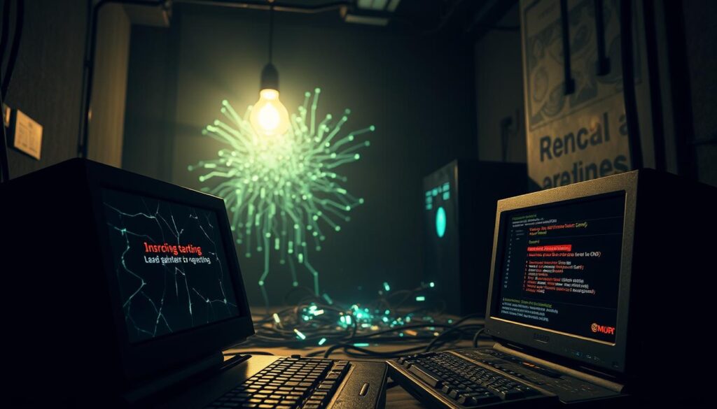 A digital environment illustrating "security vulnerabilities" in operating systems. In the foreground, an aged computer with cracked screens displays ominous error messages, hinting at malicious code and data breaches. In the middle layer, a network of interconnected circuits and glowing data streams represent the web of vulnerabilities. The background features a darkened room illuminated by the eerie light of a single bulb, creating shadows that emphasize the tense mood. The angle is slightly tilted, adding a sense of urgency and instability. Soft, cold lighting highlights the chaotic atmosphere, while digital data trails float around, signifying the ongoing exposure of personal information. The overall tone conveys a feeling of caution and awareness regarding outdated systems amid a technological landscape.