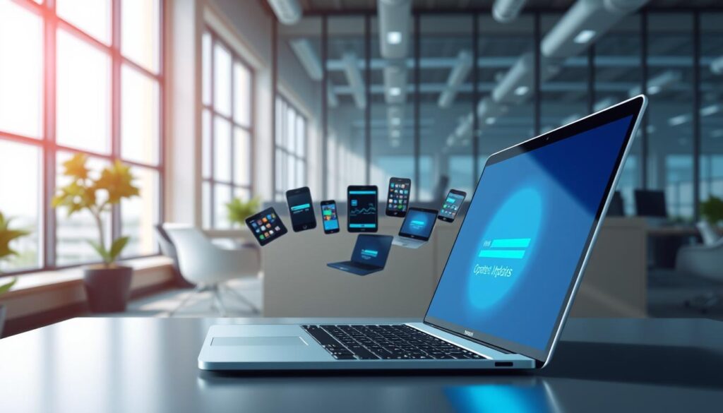 A digital illustration depicting the theme of "updates and reboots" in a tech environment. In the foreground, a sleek laptop displaying a progress bar for software updates, radiating a soft blue glow. In the middle ground, various devices like smartphones and tablets are shown in a semi-circle, all undergoing the update process, with animated visual cues symbolizing data transfer. The background features a modern office setting with large windows allowing natural light to filter in, casting gentle reflections. The atmosphere is one of focused activity, embodying a sense of urgency yet calmness. The composition is shot from a slightly elevated angle, emphasizing the tech-savvy workspace while maintaining a clean and professional aesthetic.