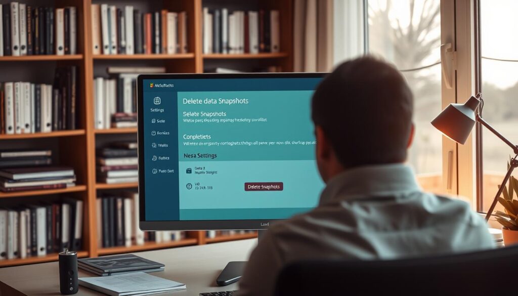 A digital workspace with a sleek, modern computer monitor displaying a user interface for deleting snapshots. In the foreground, a user, a professional in business attire, is accessing settings with a focused expression. The middle ground features the computer screen, showing icons and options for managing data snapshots, with a clear "Delete Snapshots" button highlighted. Soft, diffused lighting from a desk lamp casts a warm glow on the workspace, creating a sense of intimacy and urgency. The background includes bookshelves filled with technology books and a window showing a serene outdoor view, adding depth and context. The mood is reflective and serious, emphasizing themes of digital privacy and data management.