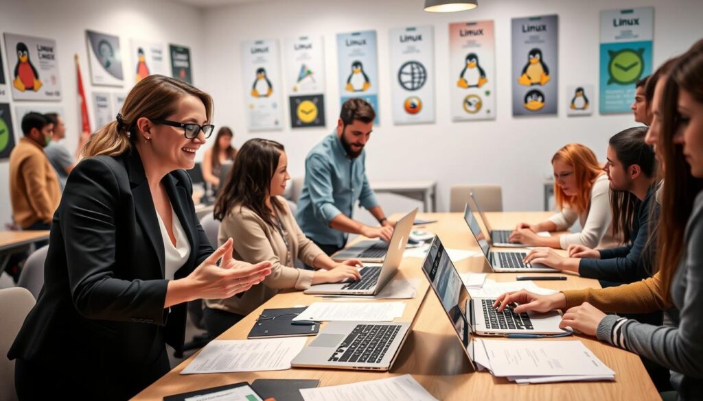 A diverse group of individuals gathered around a large table filled with laptops and documents, engaged in a collaborative discussion about Linux distributions. In the foreground, a woman in professional business attire is leaning forward, animatedly sharing ideas with a man in smart casual clothing, both illustrating a sense of community support. In the middle, other participants are seen reviewing code and helping each other troubleshoot installation issues, their faces reflecting concentration and encouragement. The background shows a bright, open workspace with posters of various Linux distributions adorning the walls, creating an inspiring atmosphere. Soft, diffused lighting casts a warm glow over the scene, enhancing the sense of camaraderie and teamwork. The angle captures the group's interaction from a slightly elevated perspective, emphasizing their collaborative spirit. A diverse group of individuals gathered around a large table filled with laptops and documents, engaged in a collaborative discussion about Linux distributions. In the foreground, a woman in professional business attire is leaning forward, animatedly sharing ideas with a man in smart casual clothing, both illustrating a sense of community support. In the middle, other participants are seen reviewing code and helping each other troubleshoot installation issues, their faces reflecting concentration and encouragement. The background shows a bright, open workspace with posters of various Linux distributions adorning the walls, creating an inspiring atmosphere. Soft, diffused lighting casts a warm glow over the scene, enhancing the sense of camaraderie and teamwork. The angle captures the group's interaction from a slightly elevated perspective, emphasizing their collaborative spirit.