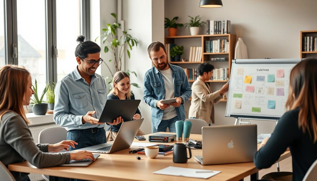 A diverse group of individuals in a modern, inviting co-working space, collaborating on laptop computers and tech gadgets to represent a support community for beginner-friendly Linux users. The foreground features two professionals, one Asian woman and one Black man, discussing ideas with enthusiasm, each dressed in smart casual attire. In the middle-ground, a European woman is seated at a table, looking up Linux documentation on her laptop, while another group is gathered around a whiteboard filled with colorful notes and charts. The background shows a large window with warm, natural light streaming in, plants on the windowsill, and bookshelves filled with tech books. The atmosphere is friendly, nurturing, and focused, conveying a sense of support and shared learning. Soft lighting highlights the team's collaborative spirit.