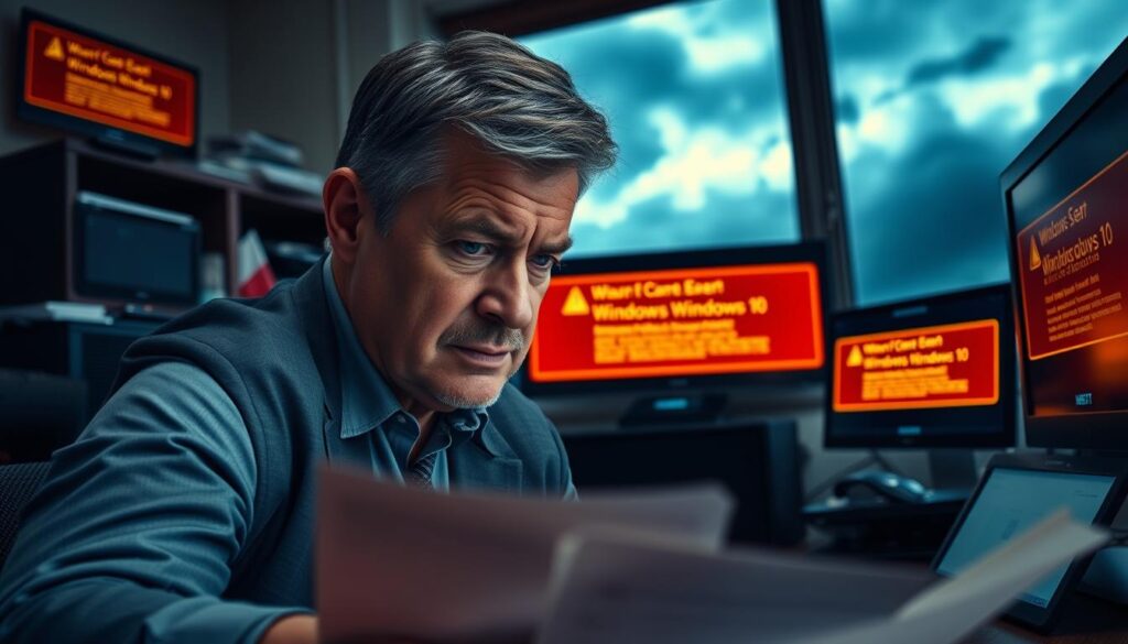 A dramatic depiction of a concerned IT professional, a middle-aged man in professional business attire, sitting at a desk cluttered with outdated Windows 10 devices and security alerts on multiple screens. In the foreground, the close-up shows his focused expression as he reviews a support document. The middle ground features the flickering screens displaying warning messages about the end of Windows 10 support, with vivid red and yellow colors to signify urgency. In the background, a window reveals a stormy sky, casting a moody, dim light into the office, emphasizing a sense of looming trouble. The overall atmosphere reflects anxiety about the future of technology and security for users transitioning away from Windows.