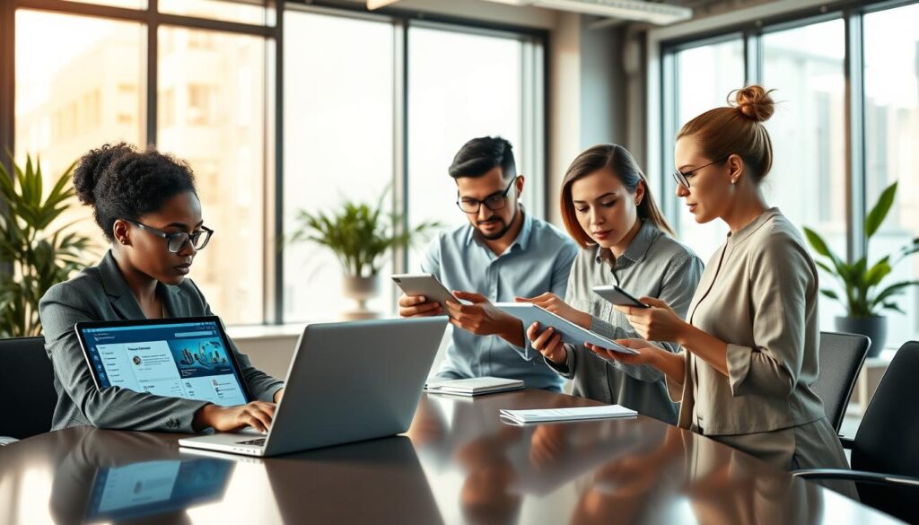 A dynamic office environment featuring a diverse group of professionals collaborating around a sleek conference table. In the foreground, a Black woman in professional attire attentively examines a laptop with enterprise software on screen, showcasing advanced Windows operating system tools. In the middle, two colleagues, a Hispanic man and a Caucasian woman, are discussing workflow strategies while using tablets and smartphones, enriched with data visualization graphics. The background features large windows letting in natural light, complemented by modern office decor and greenery, creating an inviting and productive atmosphere. Soft, warm lighting enhances the scene, reflecting a sense of innovation and teamwork, while a slightly elevated angle captures the energy of the collaborative environment.