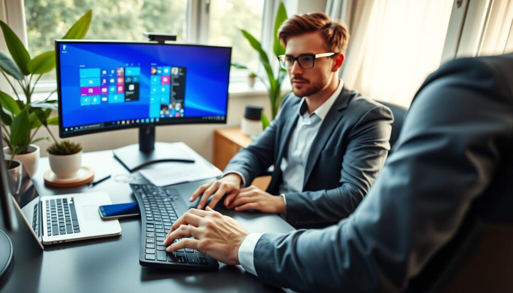 A focused and productive home office scene featuring a professional individual in smart casual attire, seated at a sleek desk with dual monitors displaying vibrant Windows operating system interfaces. In the foreground, a hand is interacting with a keyboard. The middle ground shows a well-organized workspace with a laptop, smartphone, and notepad, reflecting a balanced approach to technology and productivity. In the background, soft natural light streams through a window, illuminating green plants and adding warmth to the atmosphere. The overall mood conveys efficiency and control, suggesting a seamless user experience with a secure and fast Windows guest OS. Use a high-angle perspective to capture the entire workspace composition, enhanced by subtle, soft shadows for depth.