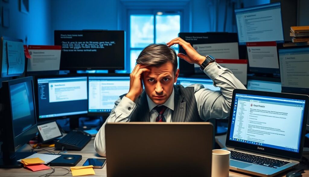 A frustrated individual sitting at a cluttered desk, surrounded by multiple computer monitors displaying error messages and pop-up notifications typical of a Windows environment. The person, dressed in smart casual attire, has a perplexed expression, rubbing their temples in exasperation. In the foreground, a laptop running a Linux distribution is open, contrasting with the Windows chaos. The middle ground features scattered sticky notes and a coffee cup, emphasizing the hectic atmosphere. In the background, a window reveals a dimly lit workspace, illuminated by the glow of the screens, casting a blue hue over the scene. The overall mood is one of confusion and frustration, capturing the essence of the challenges faced by beginners transitioning from Windows to Linux.