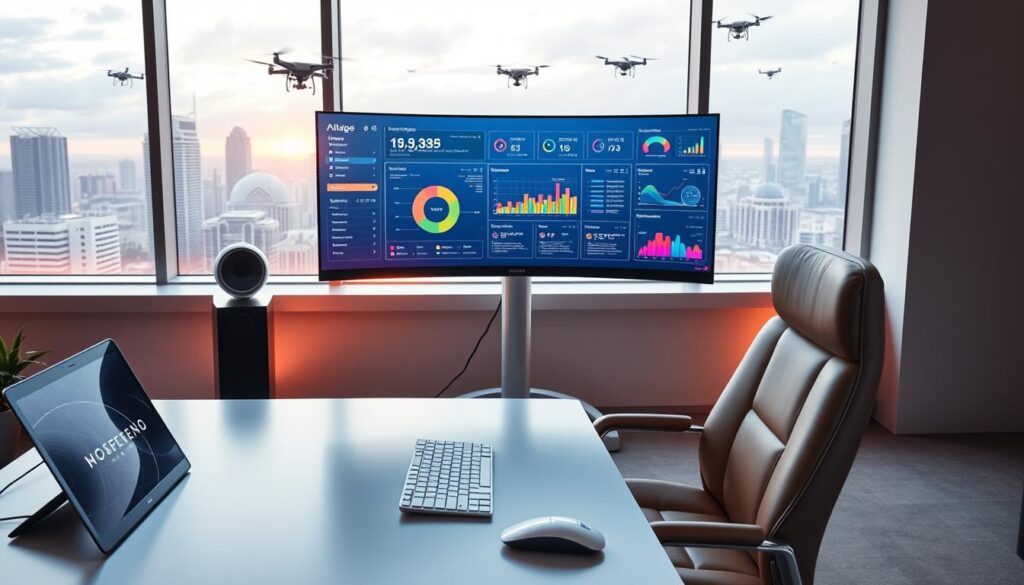 A futuristic computer setup in a sleek, modern workspace, featuring a large ultra-wide curved monitor displaying advanced analytics and workflow dashboards in bright, vibrant colors. The foreground shows a minimalist desk with a transparent keyboard and an ergonomic mouse, alongside a tablet displaying virtual project designs. The middle ground includes a comfortable, stylish office chair in soft leather. In the background, a large window reveals a cityscape with high-tech buildings and drones flying in the sky, enhancing the cutting-edge atmosphere. Soft ambient lighting casts warm tones across the setup, emphasizing a productive mood. The scene captures a sense of readiness for future computing needs, showcasing cutting-edge technology and innovation. No human figures present.