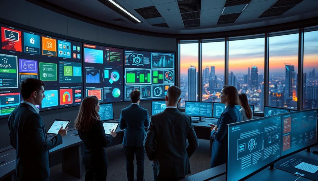 A futuristic control room showcasing a multi-OS architecture, featuring a sleek display wall with various operating system interfaces visualized in vibrant colors. In the foreground, a diverse team of professionals in business attire actively discussing data on digital tablets, their expressions focused and engaged. The middle ground includes an array of holographic screens displaying performance metrics, network diagrams, and analysis tools, casting a soft blue glow. The background features large windows revealing a high-tech cityscape under dim evening lighting, with the warm ambiance adding a sense of innovation and collaboration. The angle is slightly elevated, giving a panoramic view of the room, emphasizing the organized, systematic environment.