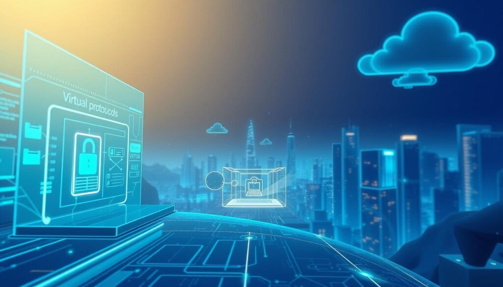 A futuristic digital landscape illustrating Windows virtualization-based security (VBS). In the foreground, a sleek, transparent interface displays security protocols and virtual environments, with illuminated lines connecting them to symbolize data flow. In the middle, visual representations of virtual machines and secure enclaves create a layered depth, showcasing isolation from threats. The background features a stylized digital cityscape, filled with glowing circuitry and cloud-like data storage. The entire scene is bathed in cool blue and green tones, with soft neon accents to convey a sense of advanced technology and security. Aim for a dynamic perspective that emphasizes both protection and innovation, through soft lighting and a slightly upward angle to give a sense of upward motion and progress. A futuristic digital landscape illustrating Windows virtualization-based security (VBS). In the foreground, a sleek, transparent interface displays security protocols and virtual environments, with illuminated lines connecting them to symbolize data flow. In the middle, visual representations of virtual machines and secure enclaves create a layered depth, showcasing isolation from threats. The background features a stylized digital cityscape, filled with glowing circuitry and cloud-like data storage. The entire scene is bathed in cool blue and green tones, with soft neon accents to convey a sense of advanced technology and security. Aim for a dynamic perspective that emphasizes both protection and innovation, through soft lighting and a slightly upward angle to give a sense of upward motion and progress.