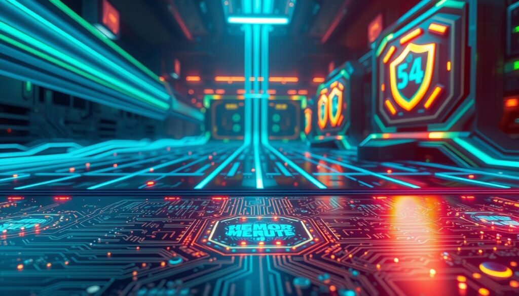 A futuristic digital landscape representing "memory integrity" in a high-tech environment. In the foreground, a glowing circuit board with intricate patterns symbolizes enhanced kernel mode code integrity. The middle ground features streams of vibrant blue and green light, signifying data flow and protection. In the background, abstract representations of a secure digital fortress, with layers of armor-like shields encasing vital information. Soft, ethereal lighting highlights the technology, casting gentle reflections on the surfaces. Use a wide-angle lens to capture the depth and complexity of the scene, evoking a sense of security and advanced technology. The atmosphere should feel empowering, showcasing a cutting-edge approach to digital safety and integrity without any human figures. A futuristic digital landscape representing "memory integrity" in a high-tech environment. In the foreground, a glowing circuit board with intricate patterns symbolizes enhanced kernel mode code integrity. The middle ground features streams of vibrant blue and green light, signifying data flow and protection. In the background, abstract representations of a secure digital fortress, with layers of armor-like shields encasing vital information. Soft, ethereal lighting highlights the technology, casting gentle reflections on the surfaces. Use a wide-angle lens to capture the depth and complexity of the scene, evoking a sense of security and advanced technology. The atmosphere should feel empowering, showcasing a cutting-edge approach to digital safety and integrity without any human figures.