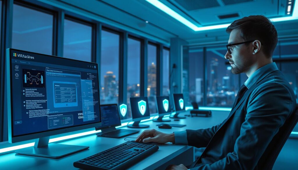 A futuristic office environment featuring a sleek desktop setup with a prominent display showing a virtual machine interface. In the foreground, a security analyst in professional business attire is focused on the screen, analyzing graphical representations of malware threats, represented as digital shadows or glitches. The middle ground showcases various devices protected by virtual machines, illustrated by glowing shields around them, symbolizing enhanced security. In the background, a softly lit room with large windows reveals a city skyline, suggesting a modern and tech-savvy atmosphere. The scene is illuminated by cool blue and green lights, creating a sense of calm yet alert vigilance. The angle is slightly elevated, providing a clear view of the action, emphasizing the power of virtual machines in combating malware.