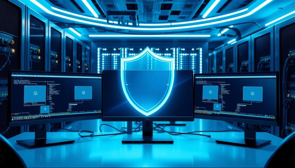 A futuristic workspace highlighting virtual machine isolation, with a sleek computer setup in the foreground featuring multiple monitors displaying separate operating systems. In the middle, a translucent digital shield symbolizes separation, illustrating security and privacy. The background includes a high-tech server room with illuminated racks and network cables, conveying a sense of advanced technology. Use cool, blue lighting to create a calming atmosphere, while soft shadows add depth. The perspective should be slightly angled, providing a dynamic view of the workspace. The overall mood is professional and secure, emphasizing the importance of protecting sensitive information in remote support sessions.