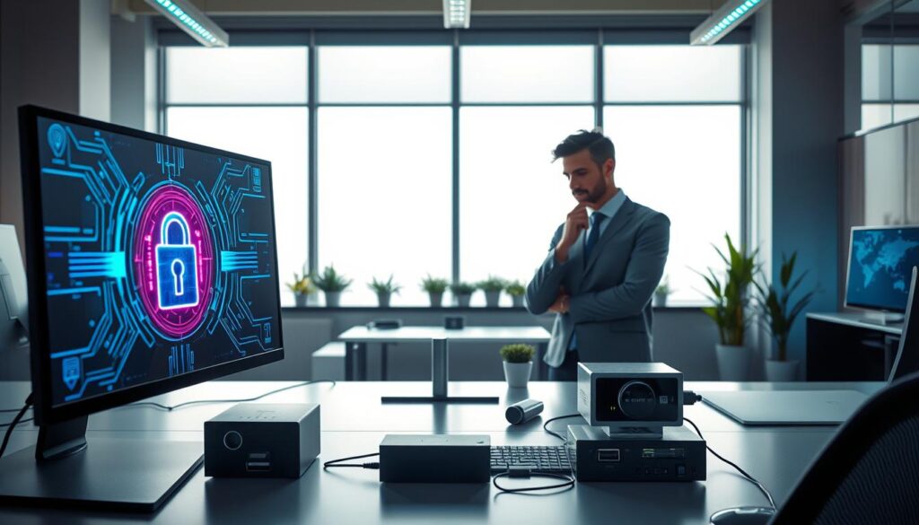 A high-tech office environment showcasing various system security measures. In the foreground, a sleek computer monitor displays a vibrant digital lock symbol, surrounded by glowing data streams and circuit patterns. In the middle, a modern desk features fingerprint scanners, a security camera, and a USB data blocker. A professional-looking person in business attire is thoughtfully observing the screen, embodying a tech-savvy demeanor. In the background, large windows allow soft, diffused natural light to flood the room, highlighting a minimalist, organized workspace with potted plants. The atmosphere is secure and focused, underscored by cool blue and green accent lighting that emphasizes a sense of protection and vigilance. The image captures the essence of safeguarding technology against unwanted changes.
