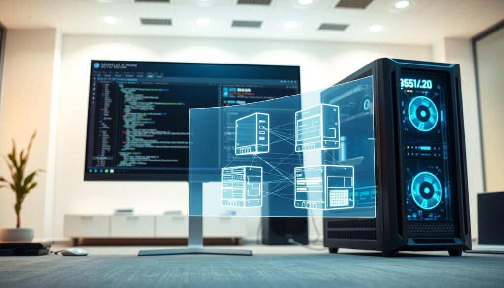 A high-tech virtual machine environment, prominently featuring a sleek, futuristic desktop interface on a large monitor displaying complex code and data analytics. In the foreground, a dedicated server tower emits a soft blue glow, surrounded by various hardware components. The middle layer includes a transparent overlay showcasing virtual machines in motion, represented by glowing wireframe models, conveying a sense of active management. The background features a modern, minimalist office setting with soft ambient lighting, enhancing the atmosphere of efficiency and innovation. The scene is captured from a dynamic angle, emphasizing the depth of the technology. Create a professional and inviting mood, with an emphasis on clarity and focus on virtualization technology, all while keeping the composition clean and organized.