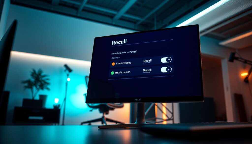 A high-tech workspace scene showcasing a sleek, modern computer desktop with a focus on a large screen displaying the “Recall Settings” interface. The foreground features a close-up view of the screen, with vivid graphics illustrating toggle switches for enabling and disabling Recall, surrounded by colorful icons representing AI tools. The middle ground includes a stylish ergonomic chair and minimalistic desk, emphasizing a professional atmosphere. In the background, soft, ambient lighting illuminates the space, creating a warm yet futuristic feel with hints of blue and white tones. Use a low-angle perspective that captures the essence of personal technology in a dynamic, engaging way, suggesting a balance between innovation and user control. The overall mood is focused and forward-thinking, reflecting themes of digital privacy and AI integration.