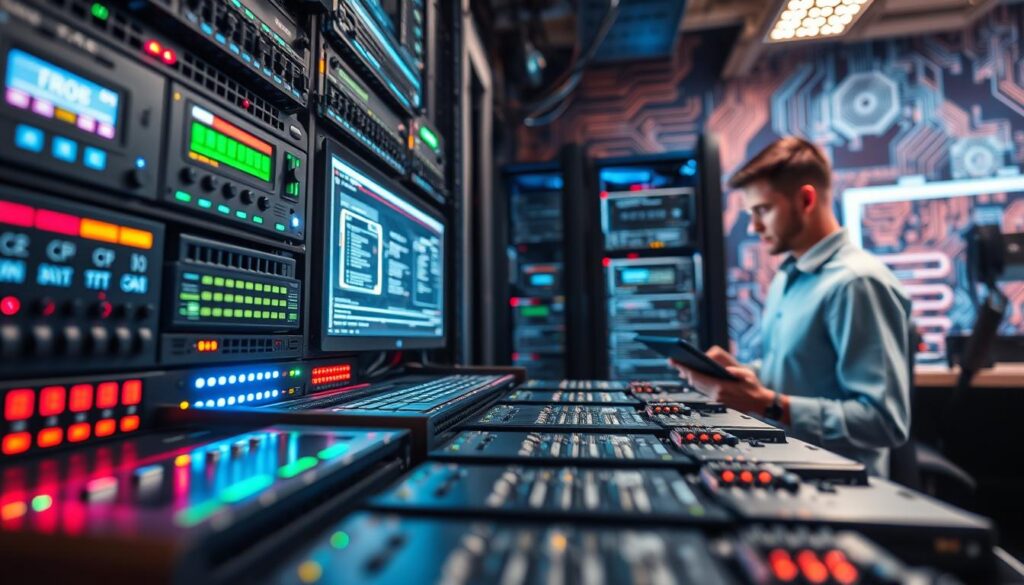 A high-tech workspace showcasing a powerful bare metal server setup, with sleek, metallic hardware components in the foreground, glistening under bright, focused LED lighting. The server rack is detailed with colorful LED indicators and monitoring screens displaying raw performance metrics like CPU usage and memory statistics. In the middle ground, a user adjusts complex settings on a high-resolution monitor, taking notes on a tablet. The background features an abstract blend of circuit patterns and virtual machine interfaces, slightly blurred to emphasize the hardware in the front. The atmosphere is intense and dynamic, embodying a contrast between raw hardware power and the intricacies of virtual environments, all captured with a wide-angle lens to convey depth and professionalism.