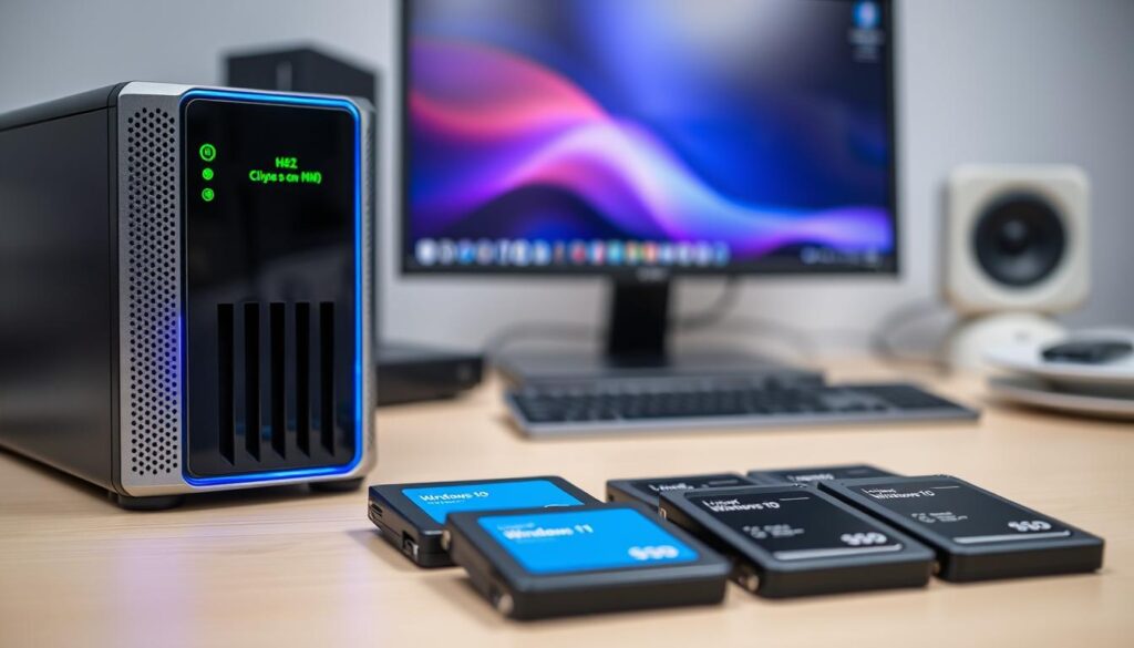 A modern computer desk setup featuring a sleek multi-OS storage solution. In the foreground, a high-tech NAS (Network Attached Storage) unit with LED lights, displaying vibrant blue and green indicators, symbolizing active data transfer and efficiency. In the middle ground, a variety of storage drives, including SSDs and HDDs, arranged neatly, showcasing labels for Linux, Windows 10, and Windows 11, each in distinct colors representing their identities. The background features a blurred but elegant workspace with a stylish monitor, emphasizing a productive environment. Soft, diffused lighting creates a calm and focused atmosphere, with a slight depth of field emphasizing the storage devices, capturing the essence of safe computing with multiple operating systems.