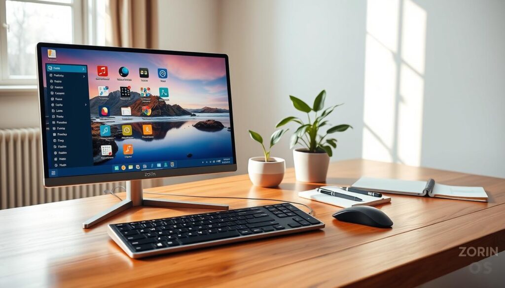 A modern desktop environment showcasing Zorin OS 17 and 18. In the foreground, a sleek computer monitor displays the vibrant Zorin OS interface, featuring a neatly organized application menu and colorful wallpaper depicting a serene landscape. A stylish keyboard and mouse rest on a polished wooden desk. The middle ground features a cozy and minimalist workspace with a potted plant and a notepad with a pen, adding a personal touch. In the background, soft natural lighting filters through a window, casting a warm glow and creating a calm atmosphere. The overall mood is professional yet inviting, reflecting a polished and user-friendly Linux experience. The image should be clean and devoid of any text or distractions.