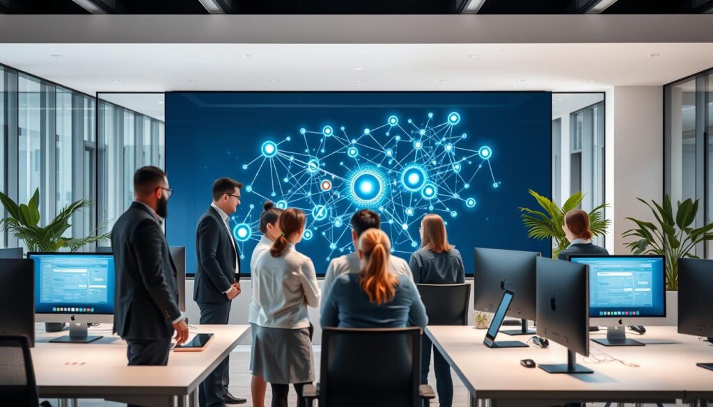 A modern, high-tech workspace showcasing a shared platform for collaboration in a corporate environment. In the foreground, a group of diverse professionals in business attire are engaged in discussion around a large digital screen displaying interconnected nodes and data flow. The middle ground features sleek desks with high-performance computers and smart devices, while the background highlights a minimalist office design with glass walls and greenery for a fresh ambiance. The lighting is bright and inviting, emphasizing productivity, with soft shadows adding depth. The overall atmosphere conveys efficiency, teamwork, and innovation, illustrating how shared platforms enhance collaboration and support in a fast-paced setting, inviting the viewer into the dynamic world of professional development.