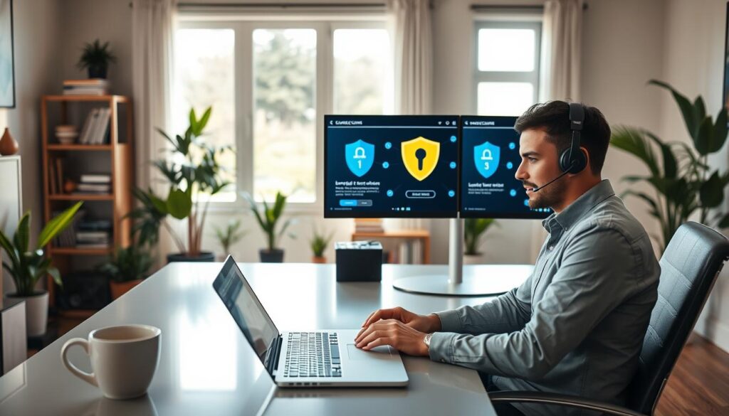 A modern home office scene depicting secure remote access support. In the foreground, a focused individual in business casual attire sits at a sleek desk, typing on a laptop, with a headset on. Their expression is engaged and concentrated. The middle layer features a dual-monitor setup displaying cybersecurity software and encrypted connection icons, emphasizing the theme of security and remote access. The background shows a well-lit room with plants, bookshelves, and a large window letting in natural sunlight, enhancing a productive atmosphere. The overall mood is professional and inviting, with controlled lighting highlighting the workspace while maintaining a sense of warmth and safety. The image is captured from an angle that showcases both the individual and the technology in use. A modern home office scene depicting secure remote access support. In the foreground, a focused individual in business casual attire sits at a sleek desk, typing on a laptop, with a headset on. Their expression is engaged and concentrated. The middle layer features a dual-monitor setup displaying cybersecurity software and encrypted connection icons, emphasizing the theme of security and remote access. The background shows a well-lit room with plants, bookshelves, and a large window letting in natural sunlight, enhancing a productive atmosphere. The overall mood is professional and inviting, with controlled lighting highlighting the workspace while maintaining a sense of warmth and safety. The image is captured from an angle that showcases both the individual and the technology in use.