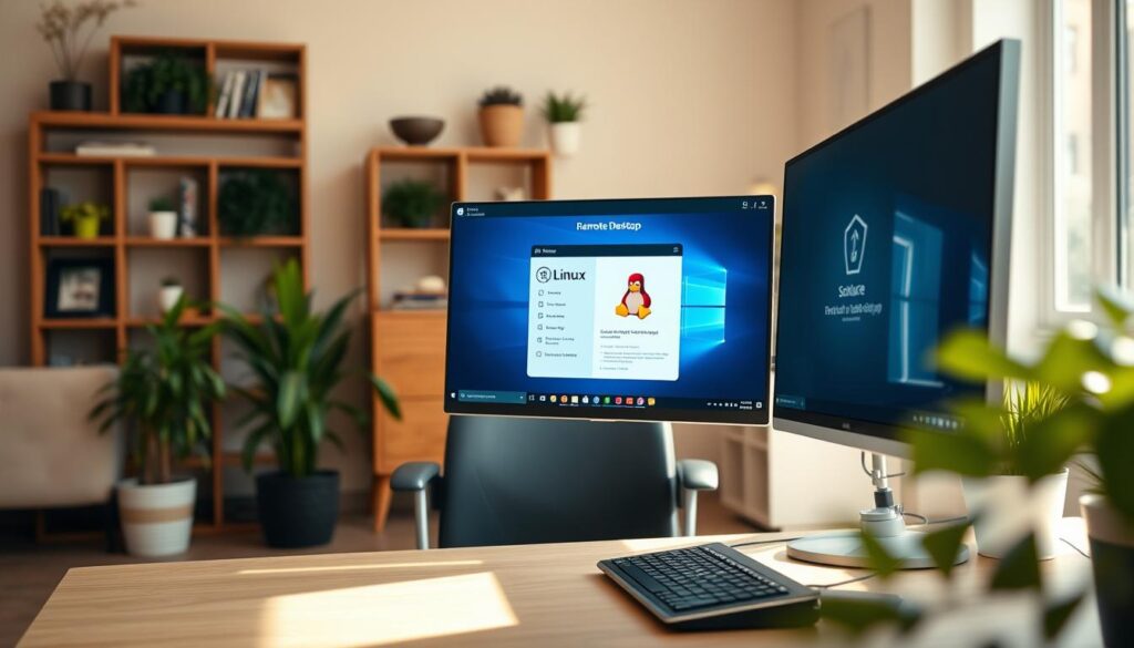 A modern home office scene featuring a desktop computer with a Linux operating system visible on the screen, displaying a secure remote desktop application interface. The foreground showcases the computer setup with a sleek monitor, ergonomic keyboard, and mouse, all bathed in soft, natural lighting from a nearby window. In the middle, a comfortable office chair is positioned in front, inviting and organized. The background is a warm, minimalistic room with plants and bookshelves, creating a cozy atmosphere. The overall tone is professional yet relaxed, highlighting the ease and security of remote assistance in a Linux environment. The lighting is bright and inviting, using a shallow depth of field to emphasize the computer setup. A modern home office scene featuring a desktop computer with a Linux operating system visible on the screen, displaying a secure remote desktop application interface. The foreground showcases the computer setup with a sleek monitor, ergonomic keyboard, and mouse, all bathed in soft, natural lighting from a nearby window. In the middle, a comfortable office chair is positioned in front, inviting and organized. The background is a warm, minimalistic room with plants and bookshelves, creating a cozy atmosphere. The overall tone is professional yet relaxed, highlighting the ease and security of remote assistance in a Linux environment. The lighting is bright and inviting, using a shallow depth of field to emphasize the computer setup.
