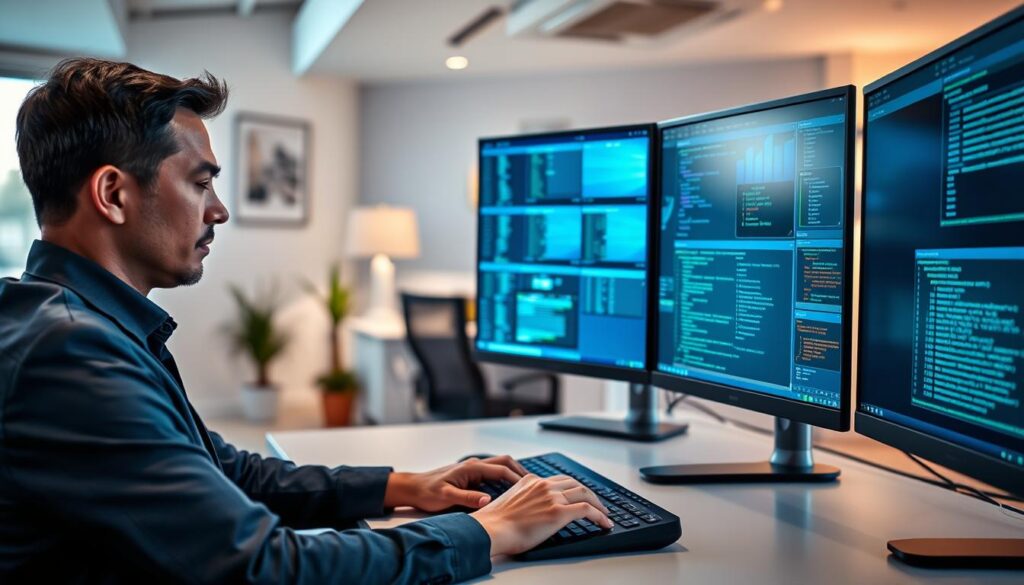 A modern office environment featuring a professional person in business attire, sitting at a sleek desk with multiple monitors displaying various remote desktop sessions. The foreground showcases the person intently typing on a keyboard, with a focused expression. In the middle ground, the monitors vividly illustrate different remote access interfaces, including a grid of virtual machines and SSH terminal windows, all glowing with soft blue and green hues. The background reveals a contemporary workspace with subtle elements like a plant and artwork, illuminated by natural light streaming through a window, creating a calm, efficient atmosphere. A shallow depth of field keeps the focus on the individual and their screens, emphasizing the importance of remote desktop technology in modern computing.