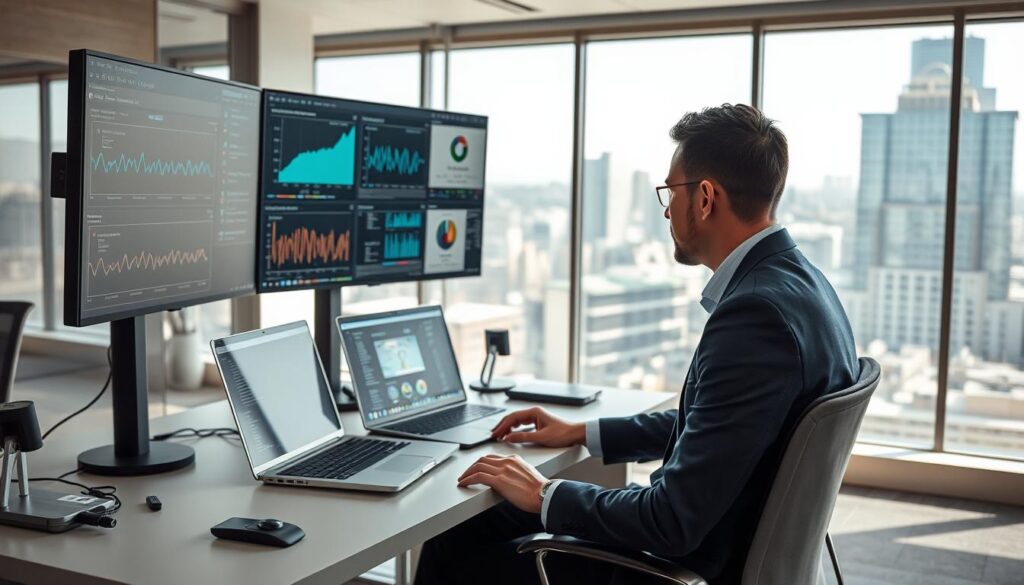 A modern office environment focused on monitoring access and remote connections. In the foreground, a professional wearing business attire sits at a well-organized desk, intently analyzing data on a dual-monitor setup displaying various graphs and network statistics. The middle layer features a sleek laptop with a security application open, surrounded by neatly arranged tech tools. In the background, large windows illuminate the space with natural light, revealing a cityscape outside, hinting at a bustling tech hub. The atmosphere is focused and productive, conveying a sense of control and accountability. The image should have a balanced composition with soft, natural lighting that emphasizes the professionalism of the scene, captured from a slightly elevated angle to capture the entire workspace. A modern office environment focused on monitoring access and remote connections. In the foreground, a professional wearing business attire sits at a well-organized desk, intently analyzing data on a dual-monitor setup displaying various graphs and network statistics. The middle layer features a sleek laptop with a security application open, surrounded by neatly arranged tech tools. In the background, large windows illuminate the space with natural light, revealing a cityscape outside, hinting at a bustling tech hub. The atmosphere is focused and productive, conveying a sense of control and accountability. The image should have a balanced composition with soft, natural lighting that emphasizes the professionalism of the scene, captured from a slightly elevated angle to capture the entire workspace.