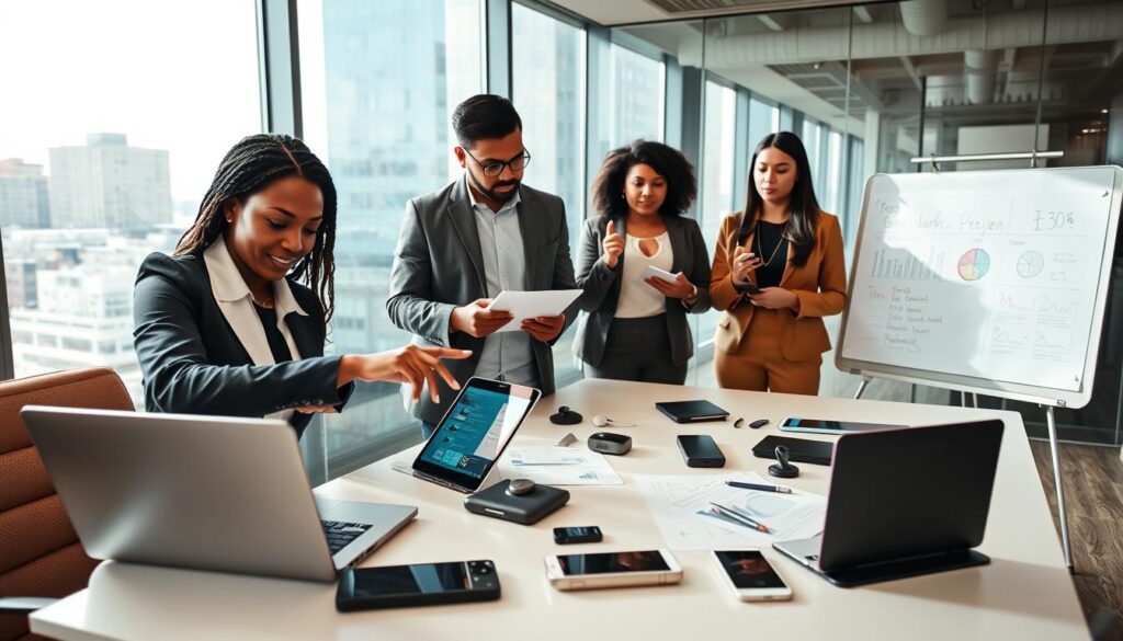 A modern office environment showcasing a diverse group of professionals deeply engaged in a collaborative discussion about technology choices. In the foreground, a Black woman in professional attire points at a laptop, displaying an intuitive user interface. Beside her, a South Asian man takes notes on a tablet, while a Hispanic woman gestures toward a digital whiteboard filled with graphs and statistics. In the middle ground, a sleek conference table is covered with various tech gadgets and documents highlighting pros and cons. The background features large windows with city views, allowing natural light to flood the space, creating a bright and optimistic atmosphere. The camera angle is slightly elevated, capturing both the individuals and their tech-focused conversation, conveying a sense of urgency and purpose in making informed decisions. A modern office environment showcasing a diverse group of professionals deeply engaged in a collaborative discussion about technology choices. In the foreground, a Black woman in professional attire points at a laptop, displaying an intuitive user interface. Beside her, a South Asian man takes notes on a tablet, while a Hispanic woman gestures toward a digital whiteboard filled with graphs and statistics. In the middle ground, a sleek conference table is covered with various tech gadgets and documents highlighting pros and cons. The background features large windows with city views, allowing natural light to flood the space, creating a bright and optimistic atmosphere. The camera angle is slightly elevated, capturing both the individuals and their tech-focused conversation, conveying a sense of urgency and purpose in making informed decisions.
