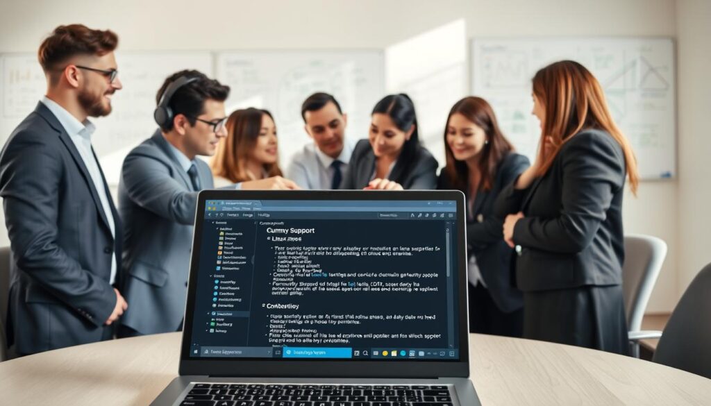 A modern office setting with a diverse group of individuals in professional business attire, collaborating around a large, round table. In the foreground, a laptop displaying a Linux support forum, with open tabs showcasing various community support channels, such as chat, forums, and documentation. In the middle ground, individuals are engaged in discussion, pointing at the laptop screen, highlighting teamwork and knowledge sharing. The background features whiteboards filled with notes and diagrams, illustrating problem-solving processes. Soft, natural lighting floods the room, creating an inviting atmosphere that promotes cooperation and efficiency. The scene captures a sense of urgency yet positivity as the team works together to resolve a technical issue effectively.