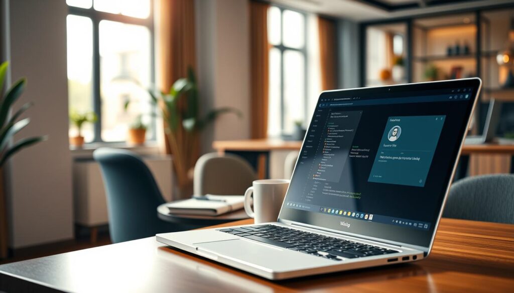 A modern office workspace featuring a computer setup displaying Windows Subsystem for Linux GUI (WSLg) applications. In the foreground, a sleek laptop is open, showcasing a split-screen with a Linux terminal on one side and a graphical application running on the other. The middle ground includes a cozy desk adorned with professional items like a notebook and a coffee mug. Soft, natural light filters in through a window, casting gentle shadows and creating a warm atmosphere. The background reveals a blurred view of a modern office environment with tasteful decor, enhancing the professional mood. The overall composition captures a seamless integration of Linux and Windows workflows, inviting the viewer into a dynamic work setting.