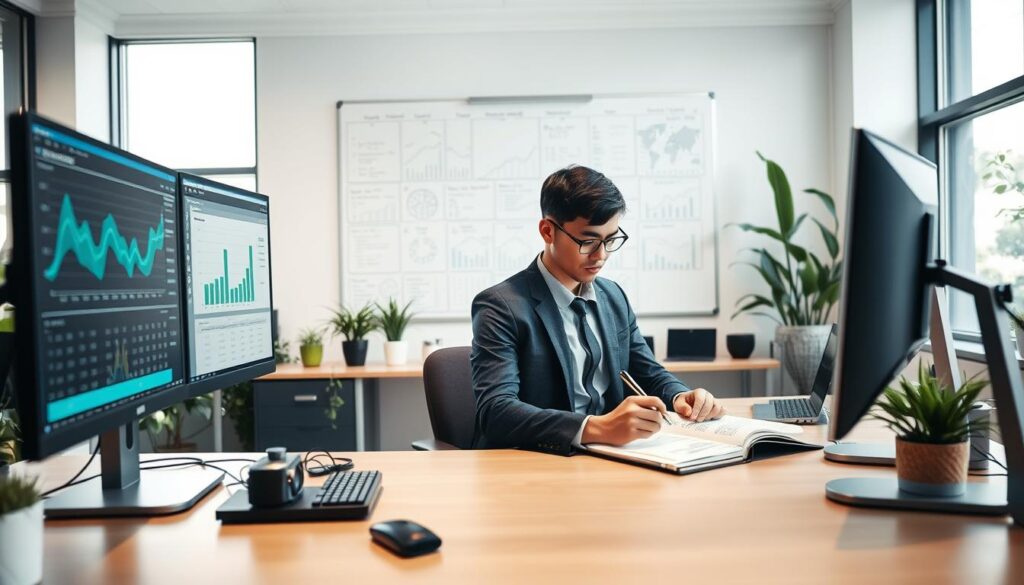 A modern office workspace featuring a large, sleek desk with multiple computer monitors, displaying graphs and budgeting software. In the foreground, an individual in professional business attire, focused and jotting down notes in a planner, embodies concentration and foresight. The middle background showcases a whiteboard filled with detailed charts and long-term planning strategies. Soft, natural lighting filters in through large windows, creating a warm and productive atmosphere. The room is decorated with plants to enhance a fresh, inviting vibe, and there are various tech gadgets organized neatly on the desk. The camera angle is slightly elevated, capturing both the workspace and the person actively engaged in strategic planning, symbolizing the essence of long-term investment in computing setups.