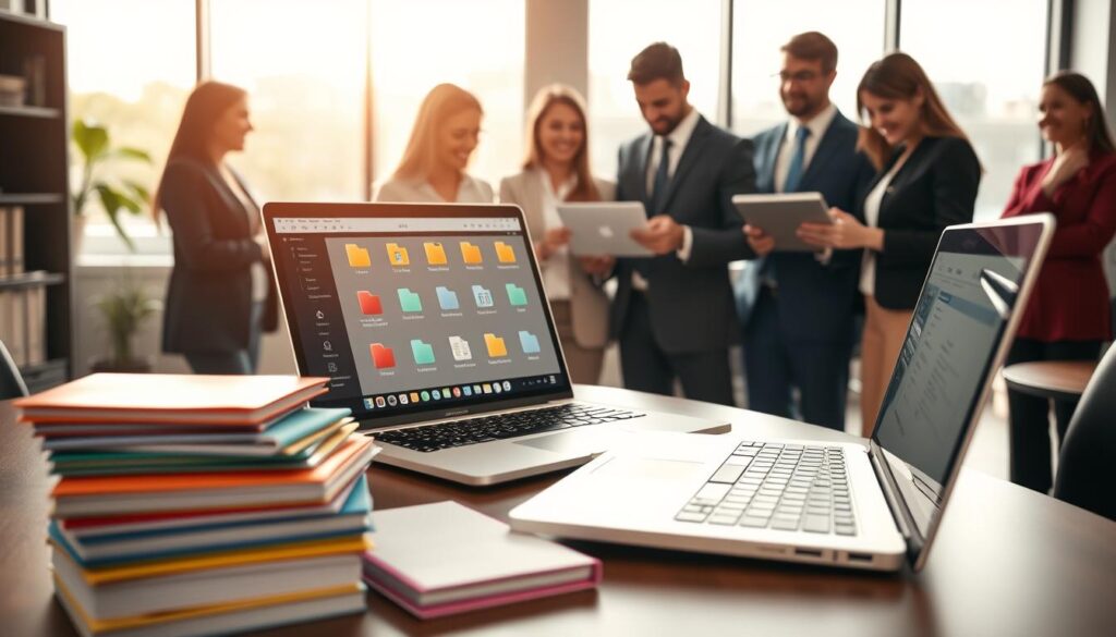 A modern office workspace featuring a sleek desk with a laptop open and displaying a file-sharing interface. In the foreground, there are organized stacks of colorful files and folders, indicative of efficient workflow. The middle ground showcases a diverse group of professionals in business attire, collaborating and smiling as they pass documents between a laptop and a tablet. The background includes a large window, allowing warm, natural light to flood the room, creating an inviting atmosphere. The angle is slightly elevated, providing a clear view of the collaborative activity and the vibrant office environment. The image conveys a sense of productivity, teamwork, and the seamless integration of technology in daily workflows.