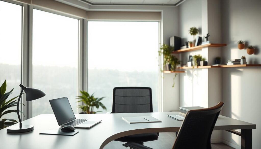 A modern office workspace that embodies the theme of a "stable computing mindset." In the foreground, a sleek, organized desk with a minimalist laptop, accompanied by essential tools like a wireless mouse and a notepad. The middle layer features a comfortable ergonomic chair positioned in front of the desk, symbolizing ease of use. In the background, there are large windows with soft, natural light streaming in, creating a warm and inviting atmosphere. The walls are decorated with light colors and a few functional wall-mounted shelves filled with tech gadgets and plants. The mood is calm and focused, suggesting productivity and tranquility. The angle should be slightly above eye level, capturing both the desk and the serene background seamlessly. No people are present in the scene, emphasizing the workspace's simplicity and serenity.