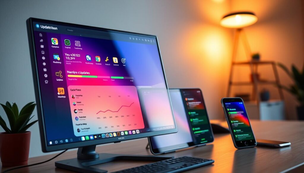 A modern, sleek computer desktop interface showcasing various "updater software" applications in vivid colors. In the foreground, a high-resolution monitor displays a user-friendly updater dashboard filled with colorful icons and progress bars representing different software updates. In the middle ground, a digital tablet and smartphone reflect synchronized update notifications, emphasizing control over updates. The background features a minimalist home office environment with warm ambient lighting, creating a serene atmosphere conducive to productivity. The angle is slightly angled for depth, capturing the essence of a tech-savvy workspace. The overall mood is empowering and organized, representing a user-centric approach to software management.