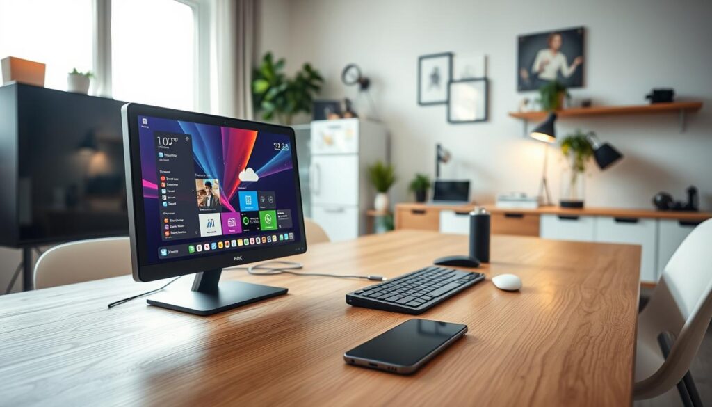 A modern, sleek home office environment depicting an operating system as an appliance, prominently featured in the foreground is a stylish, minimalist desktop computer with a vibrant interface resembling a user-friendly control panel. In the middle ground, a wood-grain desk is adorned with essential tech tools like a keyboard and a smartphone, all arranged harmoniously to suggest functionality and ease of use. The background reveals a well-organized room with soft lighting, emanating a warm and inviting atmosphere, enhanced by natural light streaming through a nearby window. Use a wide-angle lens perspective to emphasize depth and invite the viewer into the setting, creating a mood that conveys simplicity, reliability, and the idea of technology becoming as commonplace and useful as household appliances. A modern, sleek home office environment depicting an operating system as an appliance, prominently featured in the foreground is a stylish, minimalist desktop computer with a vibrant interface resembling a user-friendly control panel. In the middle ground, a wood-grain desk is adorned with essential tech tools like a keyboard and a smartphone, all arranged harmoniously to suggest functionality and ease of use. The background reveals a well-organized room with soft lighting, emanating a warm and inviting atmosphere, enhanced by natural light streaming through a nearby window. Use a wide-angle lens perspective to emphasize depth and invite the viewer into the setting, creating a mood that conveys simplicity, reliability, and the idea of technology becoming as commonplace and useful as household appliances.