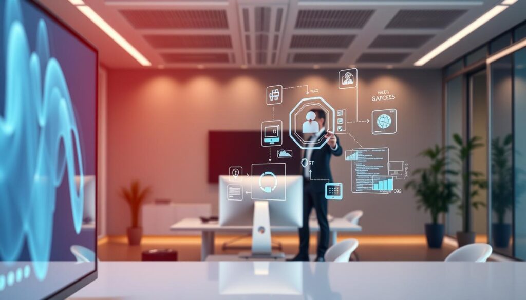 A modern, sleek office environment with a focus on technology, featuring a large digital display showcasing abstract representations of operating systems in the foreground. In the middle ground, a professional person in business attire is interacting with floating holographic interfaces, symbolizing user engagement with their operating system. The background shows a subtle blur of minimalist workstation elements, such as a computer, gadgets, and soft ambient lighting that creates a warm and futuristic atmosphere. Utilize a high-angle perspective to add depth, with gentle, diffused lighting that enhances the technological feel, while maintaining a sense of calm and professional progress. Emphasize the harmony between user and system, suggesting future-proof computing and seamless integration. A modern, sleek office environment with a focus on technology, featuring a large digital display showcasing abstract representations of operating systems in the foreground. In the middle ground, a professional person in business attire is interacting with floating holographic interfaces, symbolizing user engagement with their operating system. The background shows a subtle blur of minimalist workstation elements, such as a computer, gadgets, and soft ambient lighting that creates a warm and futuristic atmosphere. Utilize a high-angle perspective to add depth, with gentle, diffused lighting that enhances the technological feel, while maintaining a sense of calm and professional progress. Emphasize the harmony between user and system, suggesting future-proof computing and seamless integration.