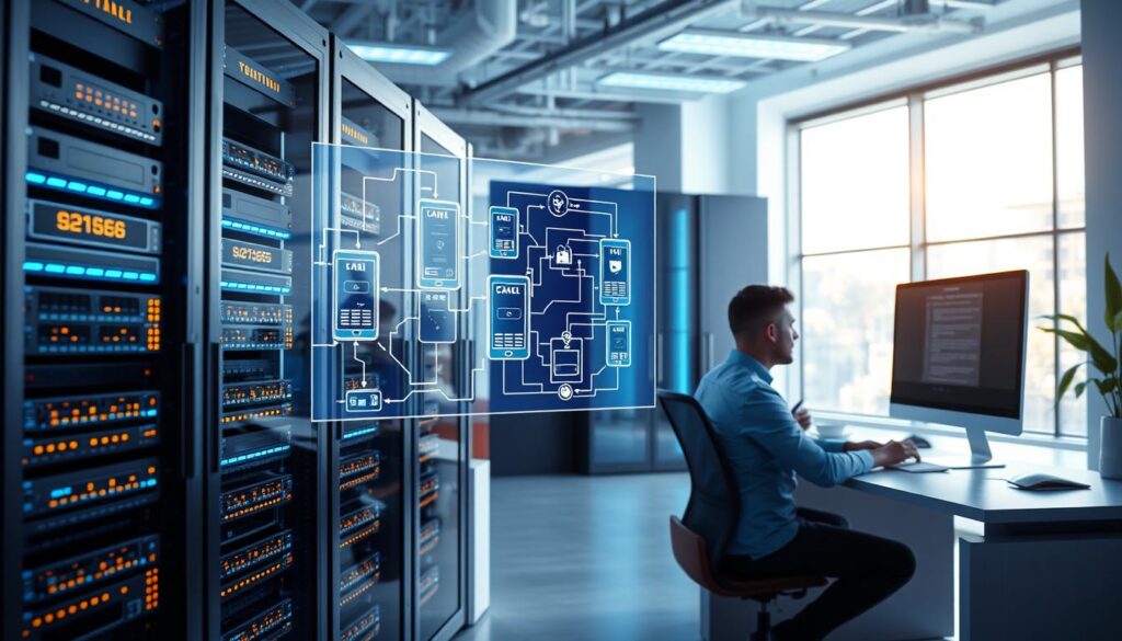 A modern virtual machine environment, featuring sleek, futuristic server racks filled with glowing components, occupying the foreground. In the middle ground, a dynamic digital interface displaying multiple interconnected virtual machines, with glowing data streams flowing between them. The background showcases a bright, tech-inspired office setting with large windows allowing natural light to flood in, giving a sense of openness and innovation. A professional in business attire is seated at a desk, intently monitoring the virtual interface on a high-resolution screen, embodying a focused and resilient small business owner. The atmosphere is one of forward-thinking technology and robust business resilience, enhanced by soft blue lighting casting a calming yet productive mood.