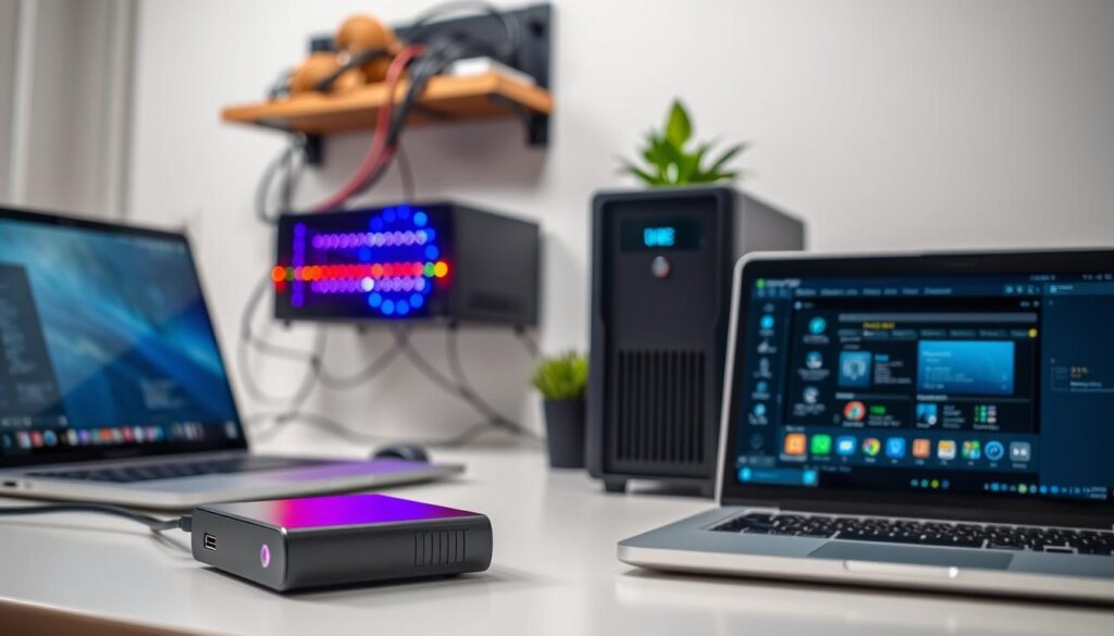 A modern, well-organized computer setup showing robust backup systems in action. In the foreground, a sleek, high-capacity external hard drive with LED indicators is connected to a laptop on a clean desk. In the middle, a vibrant network server with blinking lights conveys data transfer, and a NAS (Network Attached Storage) device showcases a user-friendly interface with colorful icons. The background features a wall-mounted shelf filled with neatly secured cables and a small plant for a touch of life. Soft, ambient lighting highlights the technology, creating a calm and efficient atmosphere. A shallow depth of field focuses on the backup systems while subtly blurring the background, emphasizing the importance of reliable data security in a professional environment.