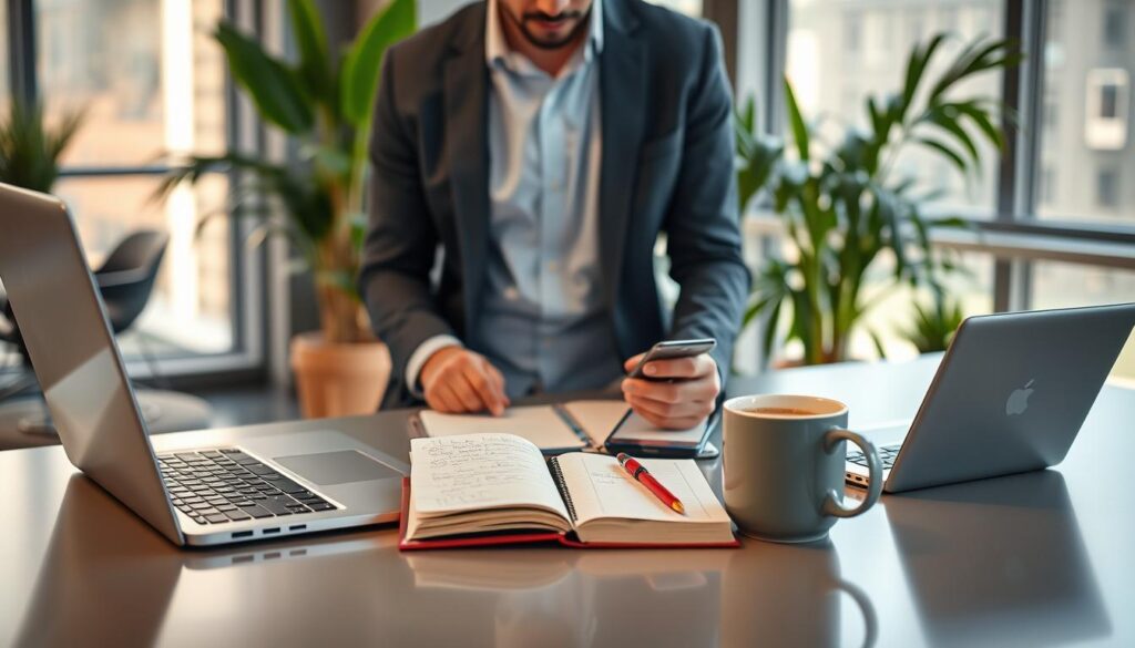 A modern workspace featuring a professional individual in smart casual attire, thoughtfully examining different technology devices on a sleek desk. The foreground showcases a laptop, tablet, and smartphone, all illuminated by soft, diffused lighting, highlighting their sleek designs. In the middle ground, an open notebook with handwritten notes and a coffee cup signify active decision-making. The background emphasizes a calming office environment with plants and large windows allowing natural light to flood in, enhancing productivity and tranquility. The composition should convey a sense of focus and wisdom in selecting the right technology, with a warm color palette that suggests a harmonious atmosphere for thoughtful choices. The image is captured with a slight tilt angle, adding depth and perspective. A modern workspace featuring a professional individual in smart casual attire, thoughtfully examining different technology devices on a sleek desk. The foreground showcases a laptop, tablet, and smartphone, all illuminated by soft, diffused lighting, highlighting their sleek designs. In the middle ground, an open notebook with handwritten notes and a coffee cup signify active decision-making. The background emphasizes a calming office environment with plants and large windows allowing natural light to flood in, enhancing productivity and tranquility. The composition should convey a sense of focus and wisdom in selecting the right technology, with a warm color palette that suggests a harmonious atmosphere for thoughtful choices. The image is captured with a slight tilt angle, adding depth and perspective.